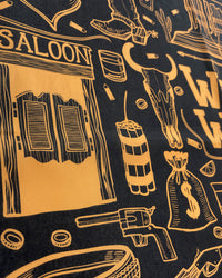 STICKYZOO midnight frontier silk scarf print detail showing the saloon facade and longhorn skull motif
```