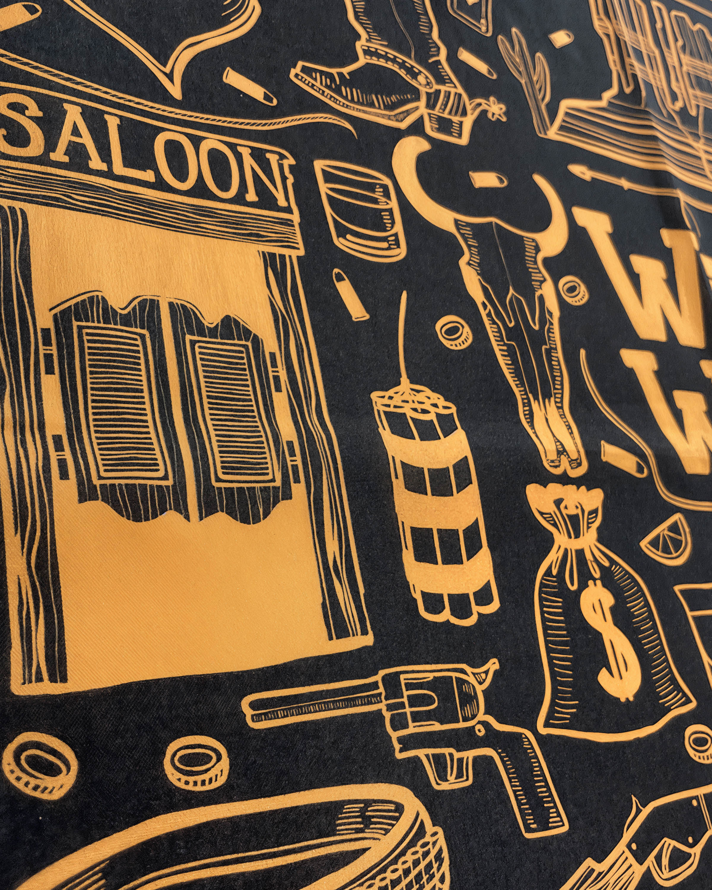 STICKYZOO midnight frontier silk scarf print detail showing the saloon facade and longhorn skull motif
```