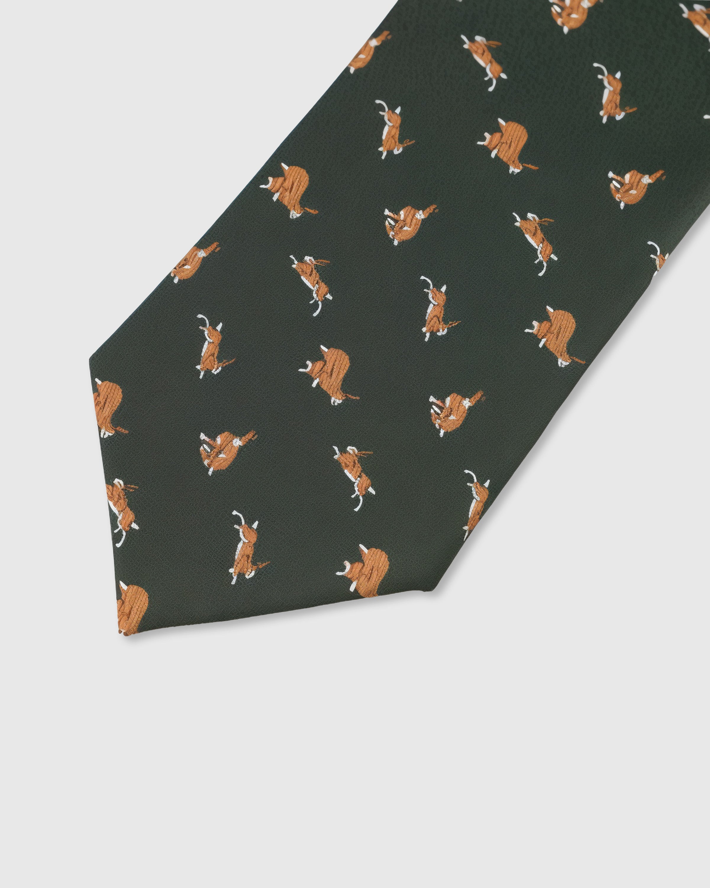 Camel dachshund motif detail on charcoal mulberry silk tie showing raised hand-embroidered silhouette by STICKYZOO