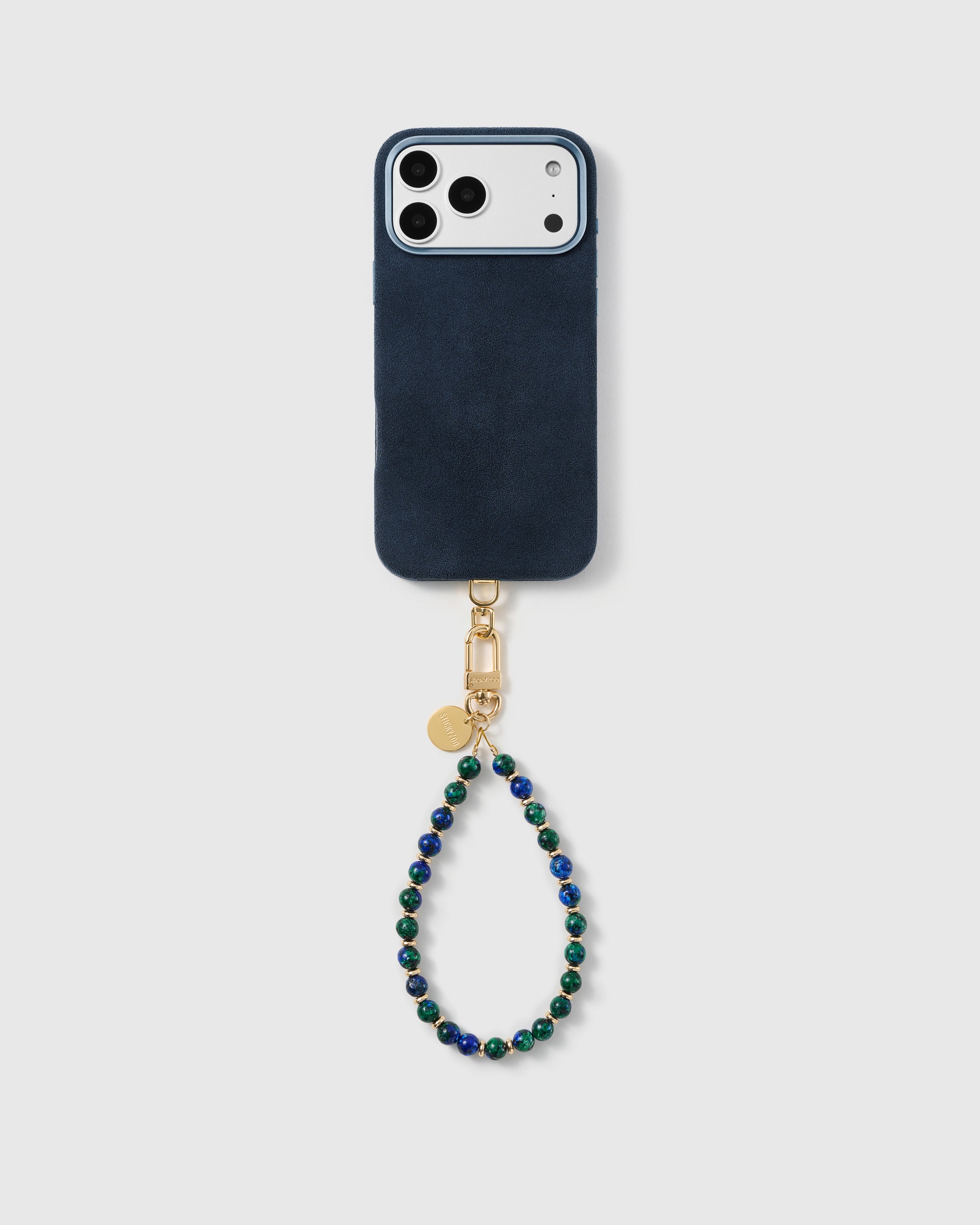 Handmade real stone phone strap on a black case, rated 4.9 across 5,000+ reviews