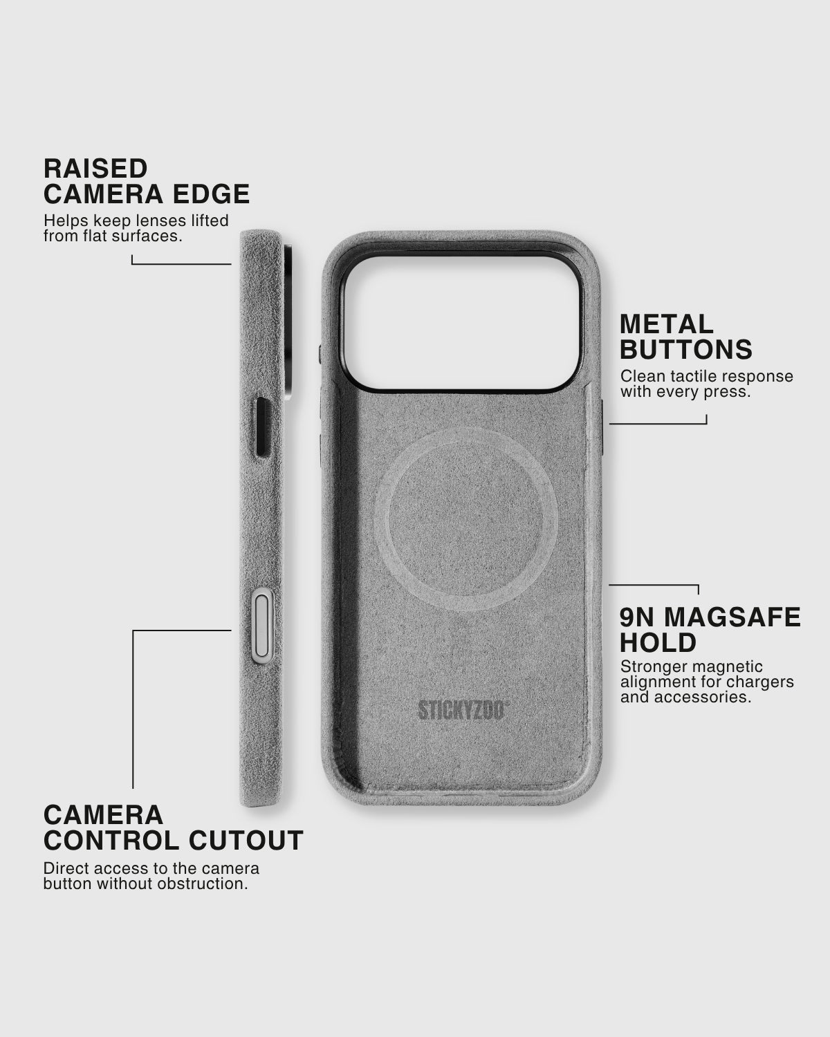 {{Designed for every detail.}} STICKYZOO Ash Alcantara phone case feature diagram showing MagSafe ring, metal buttons, camera control cutout, and raised camera edge
