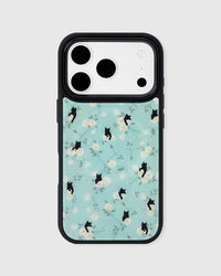 Back of the midnight cat phone case showing the full mint print of white roses and small black cats on matte UV-printed ABS