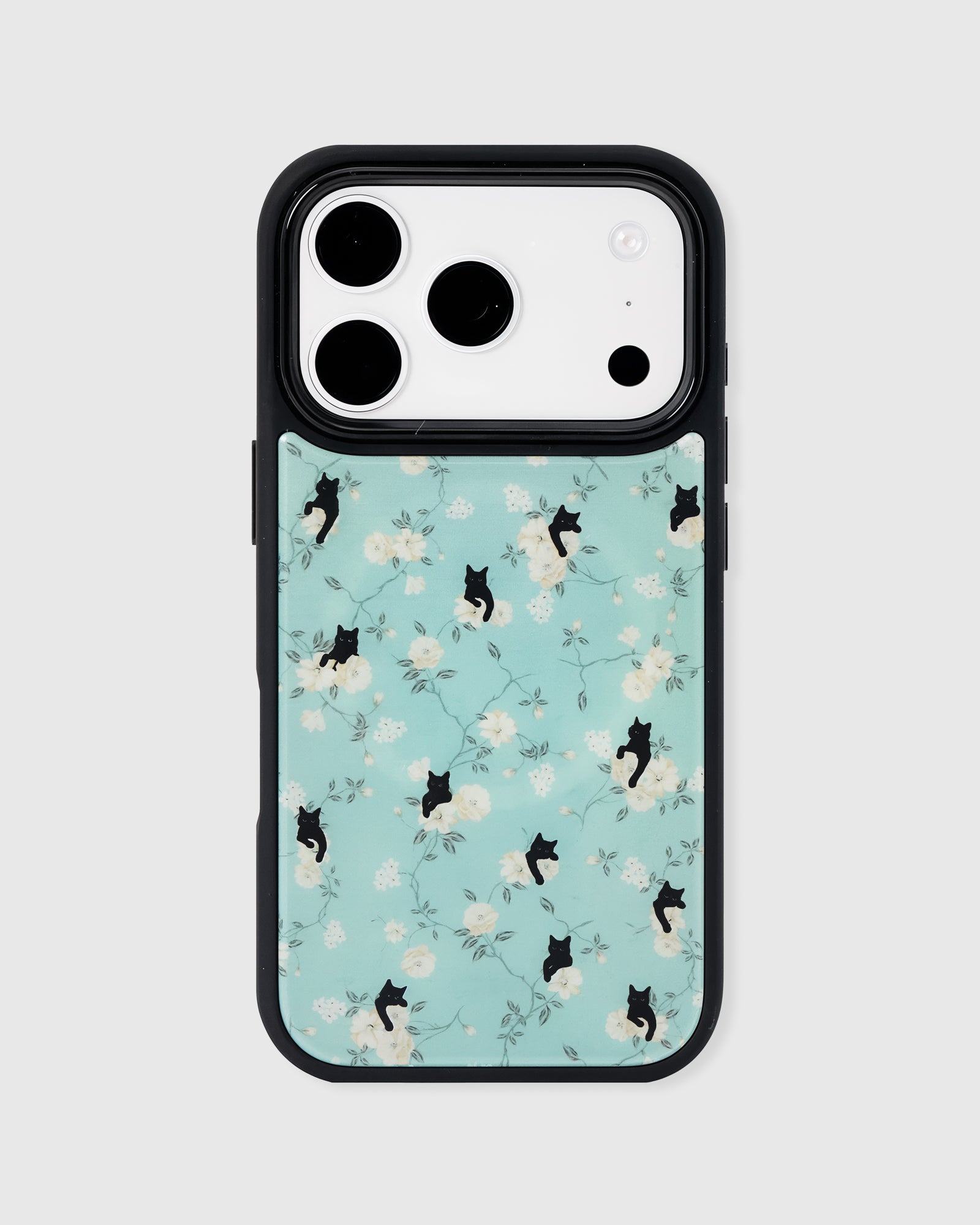 Back of the midnight cat phone case showing the full mint print of white roses and small black cats on matte UV-printed ABS