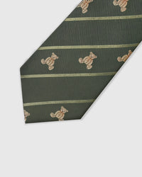 Embroidered, not printed Heritage Teddy Stripe Tie flat blade showing teddy bear motifs between sage stripes on olive silk