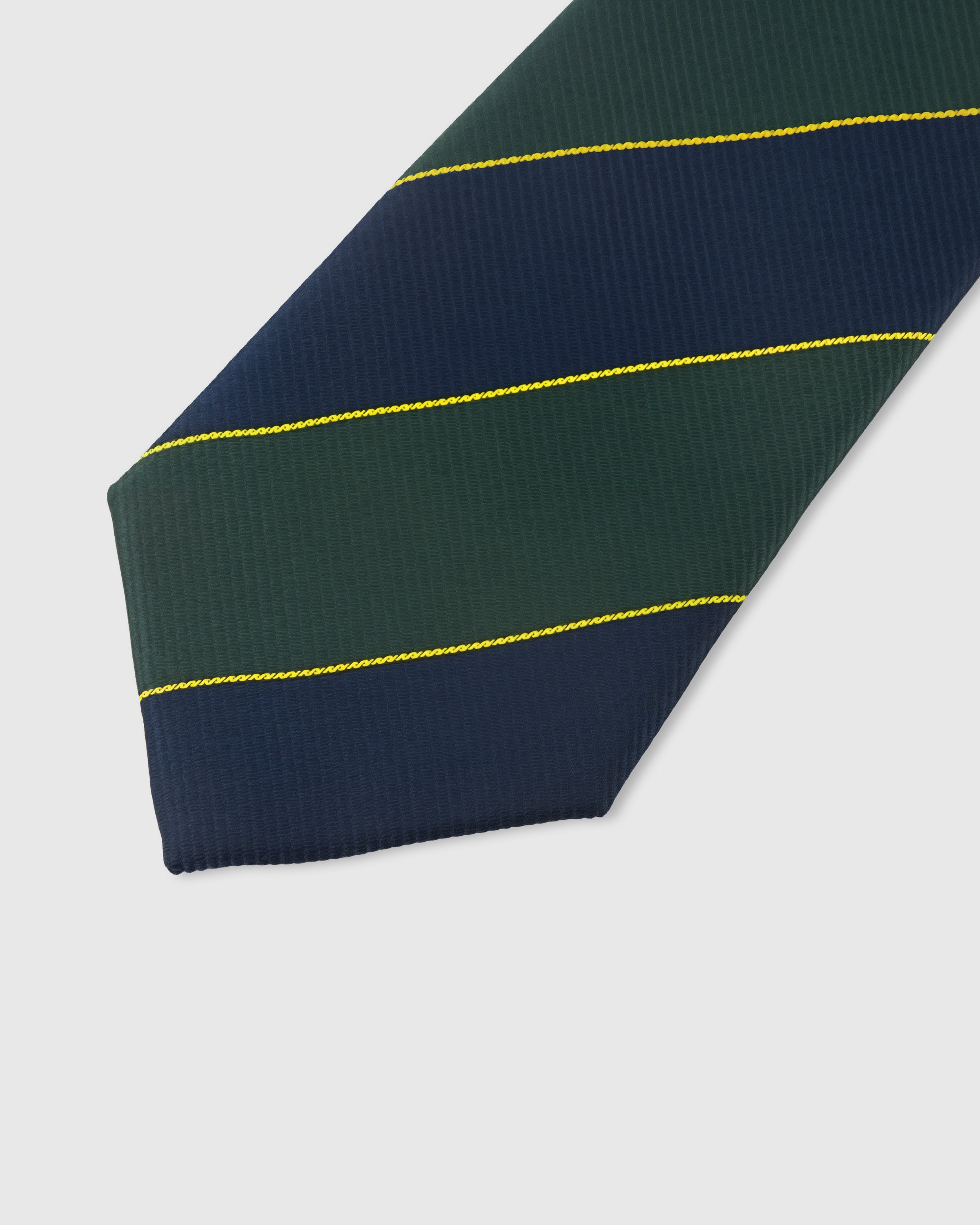 Forest green and navy block stripe detail on mulberry silk tie showing gold pinline accents by STICKYZOO