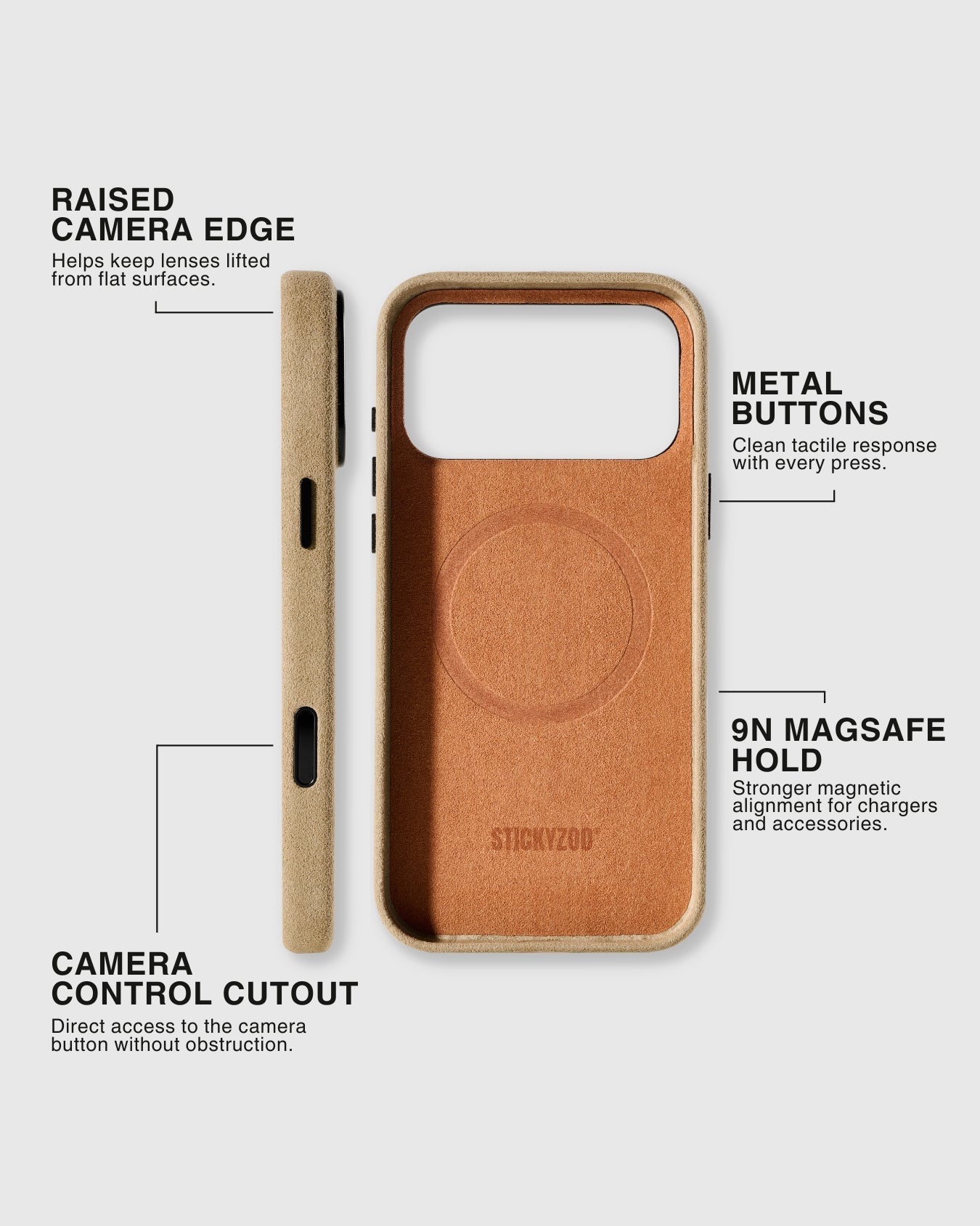 Side profile showing Alcantara interior lining, raised screen edge, metal buttons, 9N MagSafe array, and Camera Control cutout on STICKYZOO camel phone case