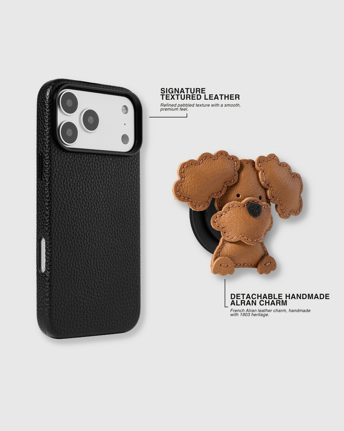 Textured black leather case and detachable handmade French Alran leather poodle puppy charm shown separately — signature pebbled leather and magnetic MagSafe-compatible charm grip. Rated 4.9 stars.