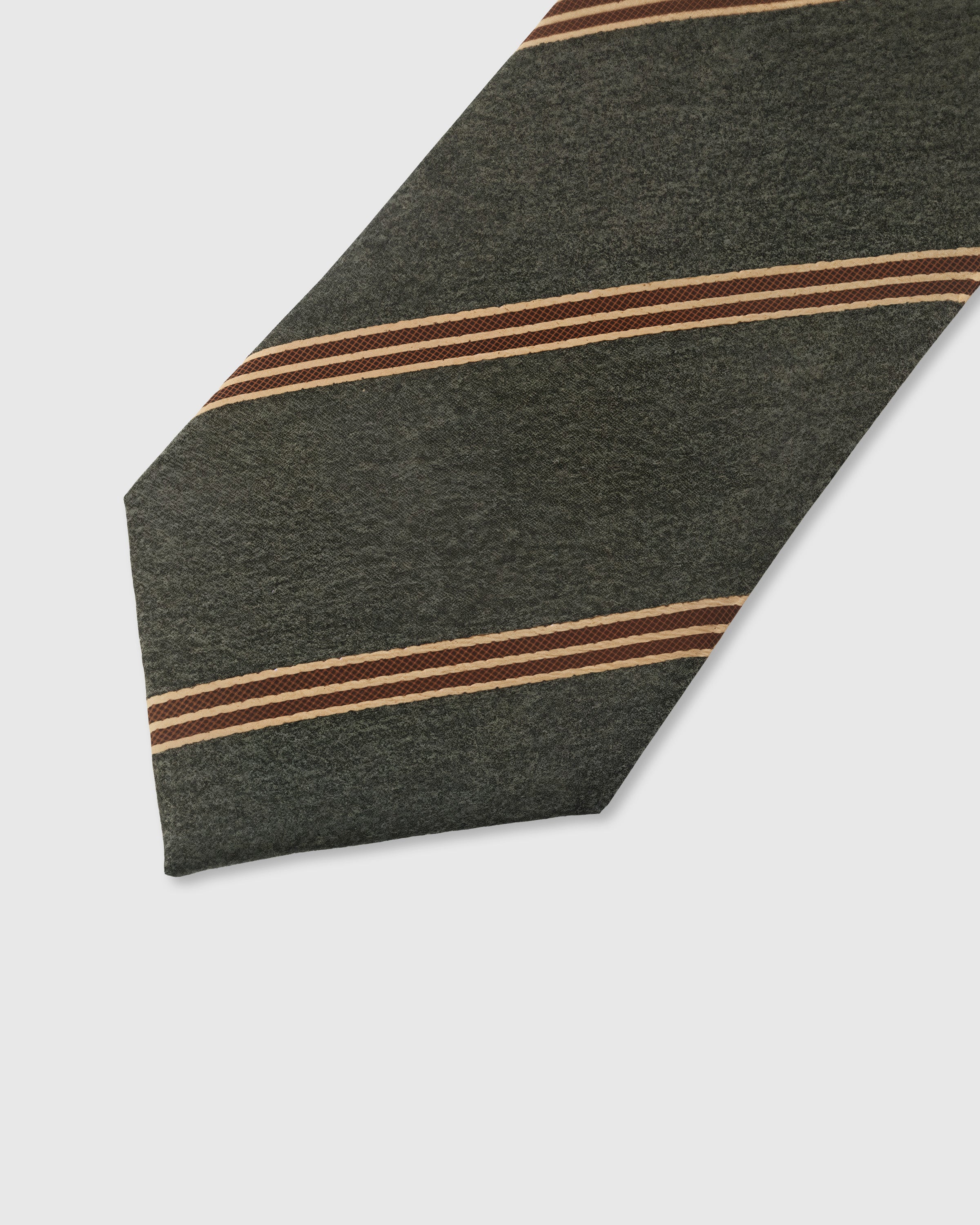 Copper accent stripe detail on olive mulberry silk tie showing raised hand-embroidered thread on textured ground by STICKYZOO