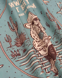STICKYZOO sage west rhythm silk scarf print detail showing the cowboy dog with guitar and cacti
```