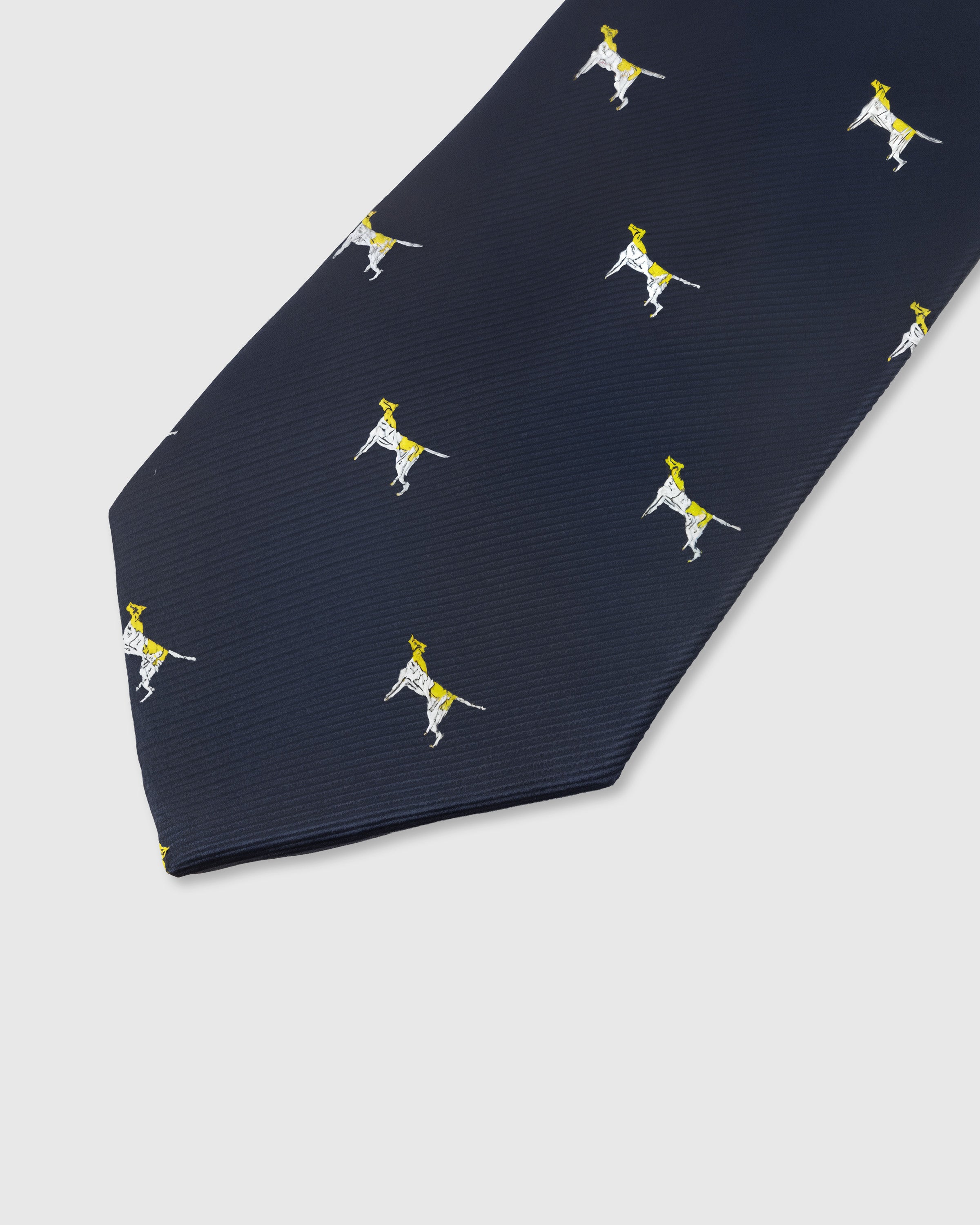 NAVY POINTER TIE — 45° Italian bias-cut construction with structured interlining, hand-finished slip stitching visible on interior
