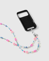 Black phone case with a STICKYZOO card and silver-tone clasp, the pink flower and pearl strap doubling into two strands below.