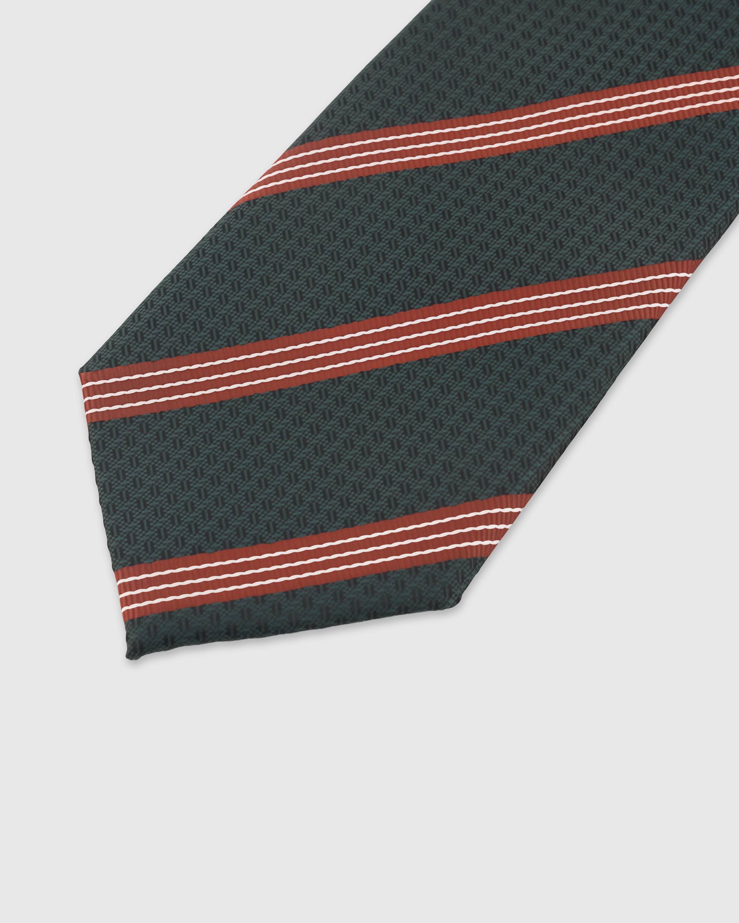 FOREST TRIPLE STRIPE TIE — 45° Italian bias-cut construction with structured interlining, hand-finished slip stitching visible on interior
