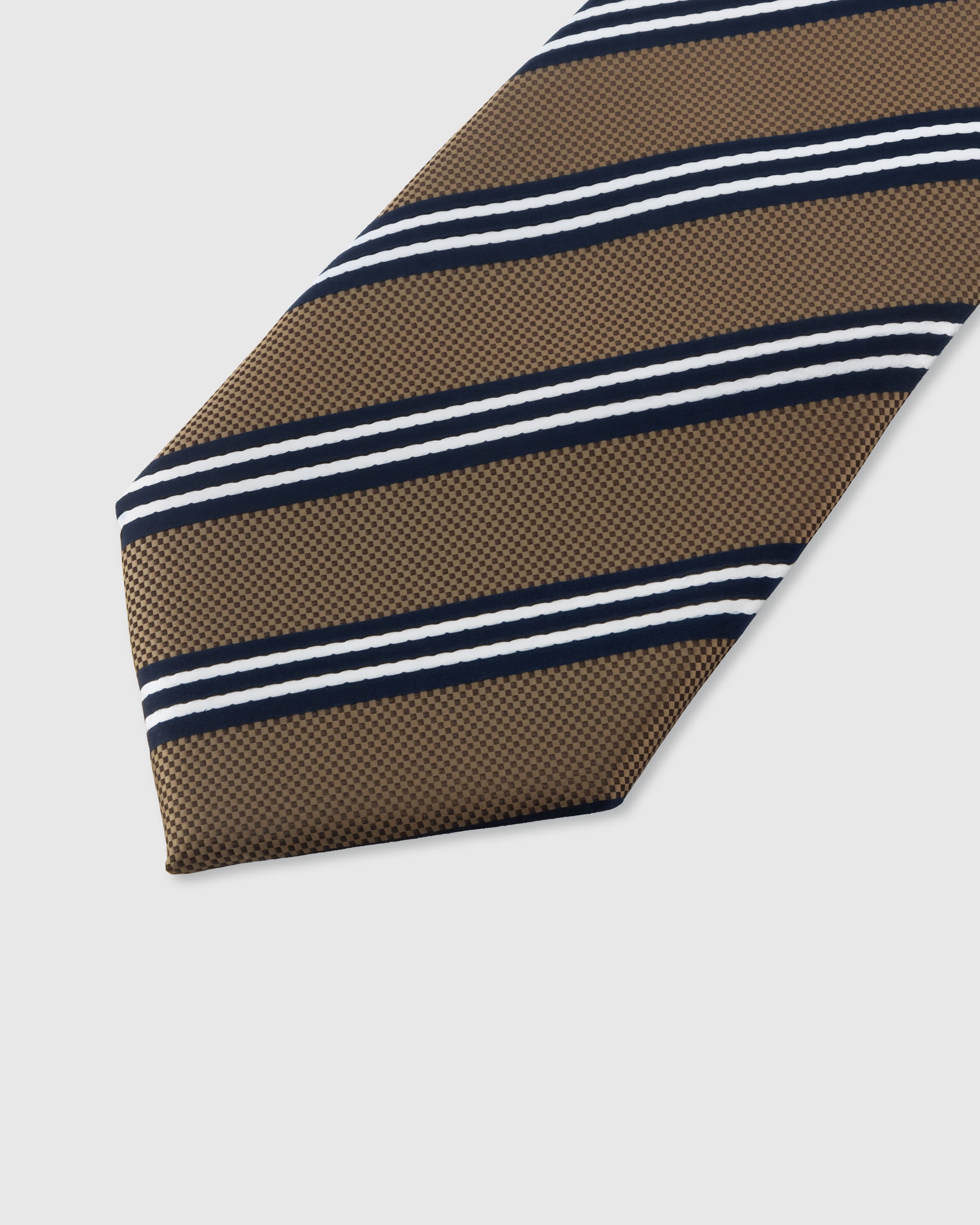 STICKYZOO CAMEL CLUB STRIPE TIE — hand-embroidered detail showing navy and white triple diagonal club stripes, stitched not printed