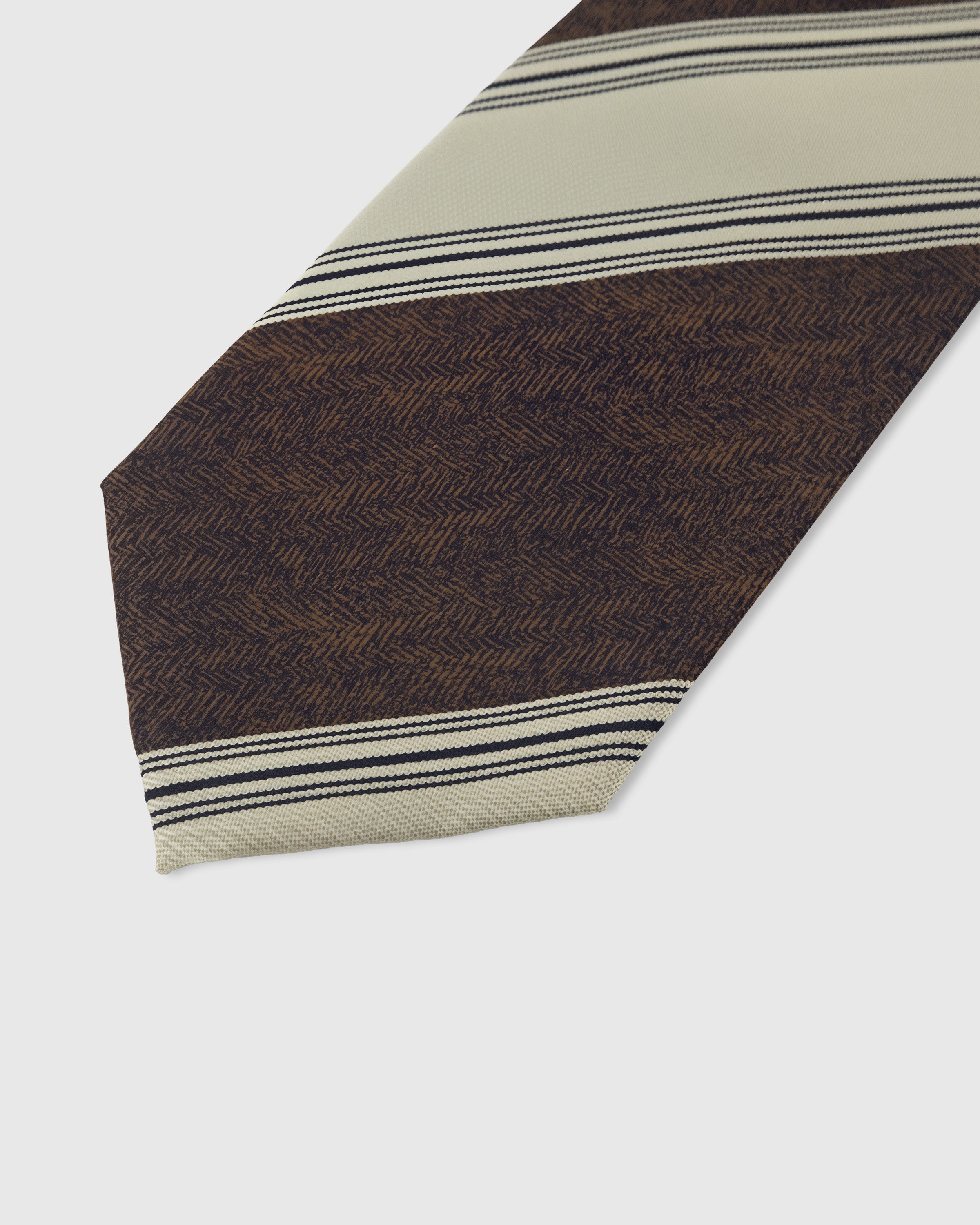 Heritage stripe detail on sage and chocolate mulberry silk tie showing raised hand-embroidered thread by STICKYZOO