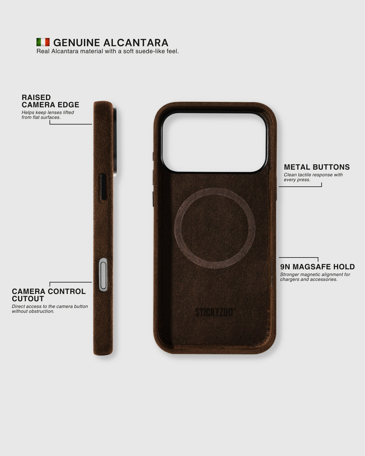 {{Alcantara exterior + lining}} Side profile and interior of STICKYZOO Espresso Alcantara case showing genuine Alcantara on both sides with 9N MagSafe ring