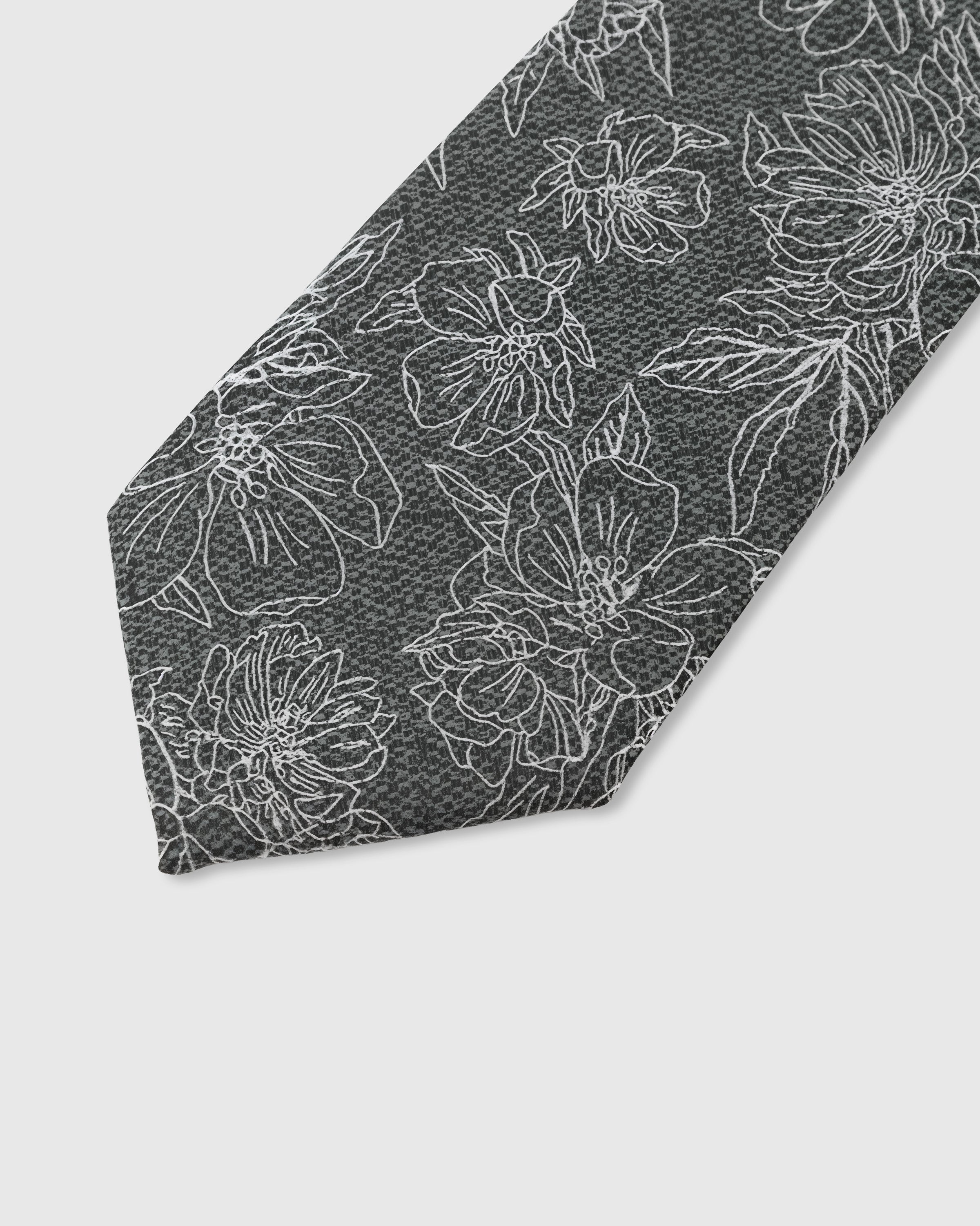 Ivory botanical floral outline detail on slate mulberry silk tie showing raised hand-embroidered petals by STICKYZOO