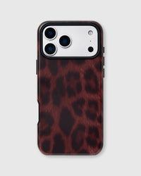 Back of the iris aperture phone case showing burgundy leopard rosettes on matte UV-printed ABS