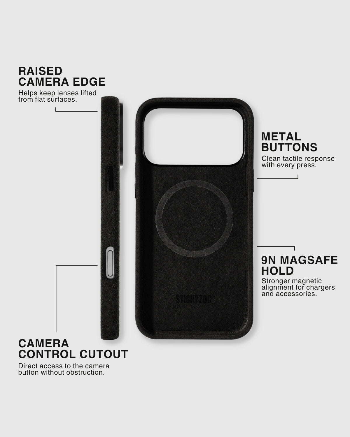 {{MagSafe + Camera Control.}} STICKYZOO black Alcantara case interior with 9N MagSafe ring, metal buttons, raised camera edge, and Camera Control cutout