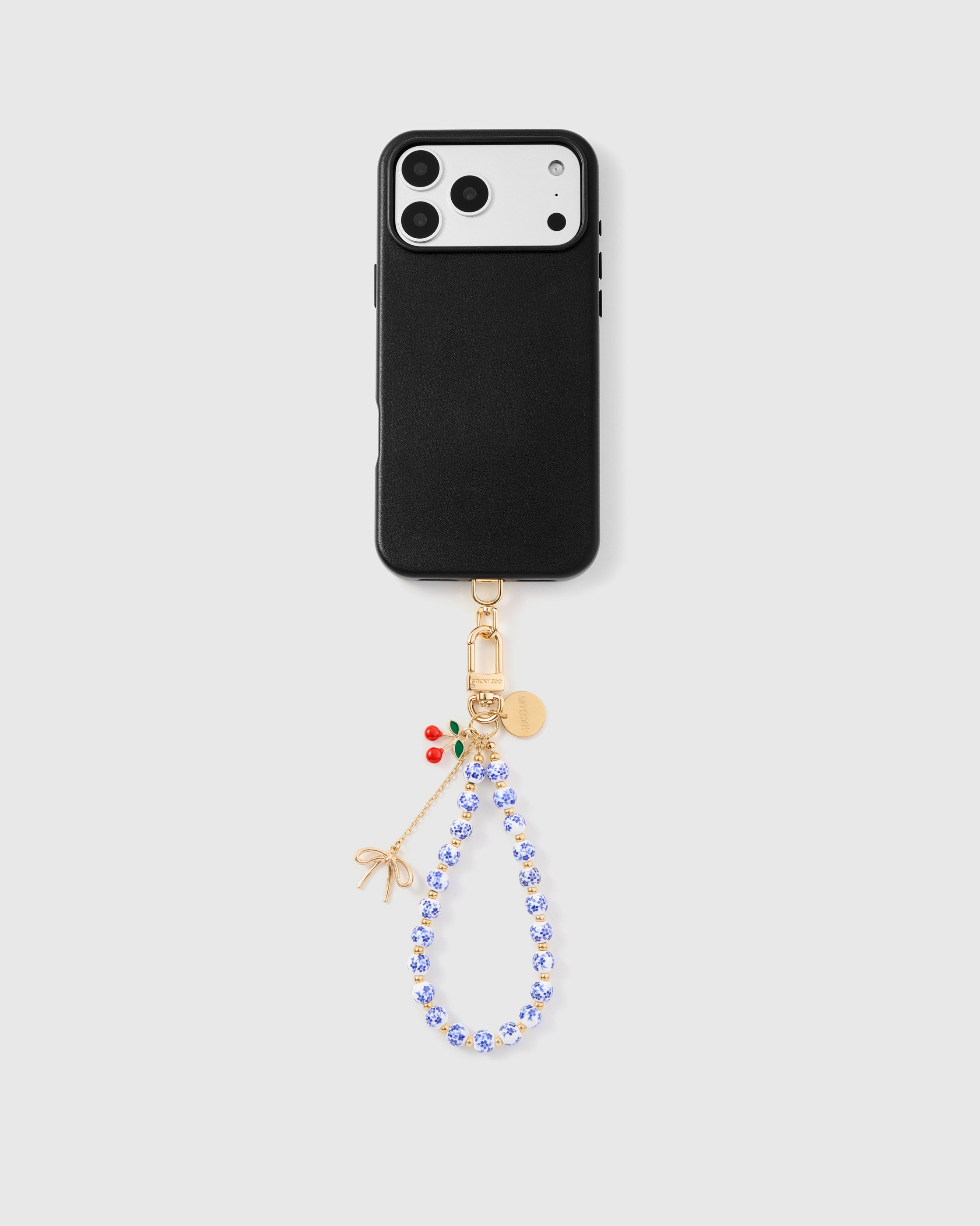 Porcelain Cherry Phone Strap — Handmade Floral Bead Wristlet