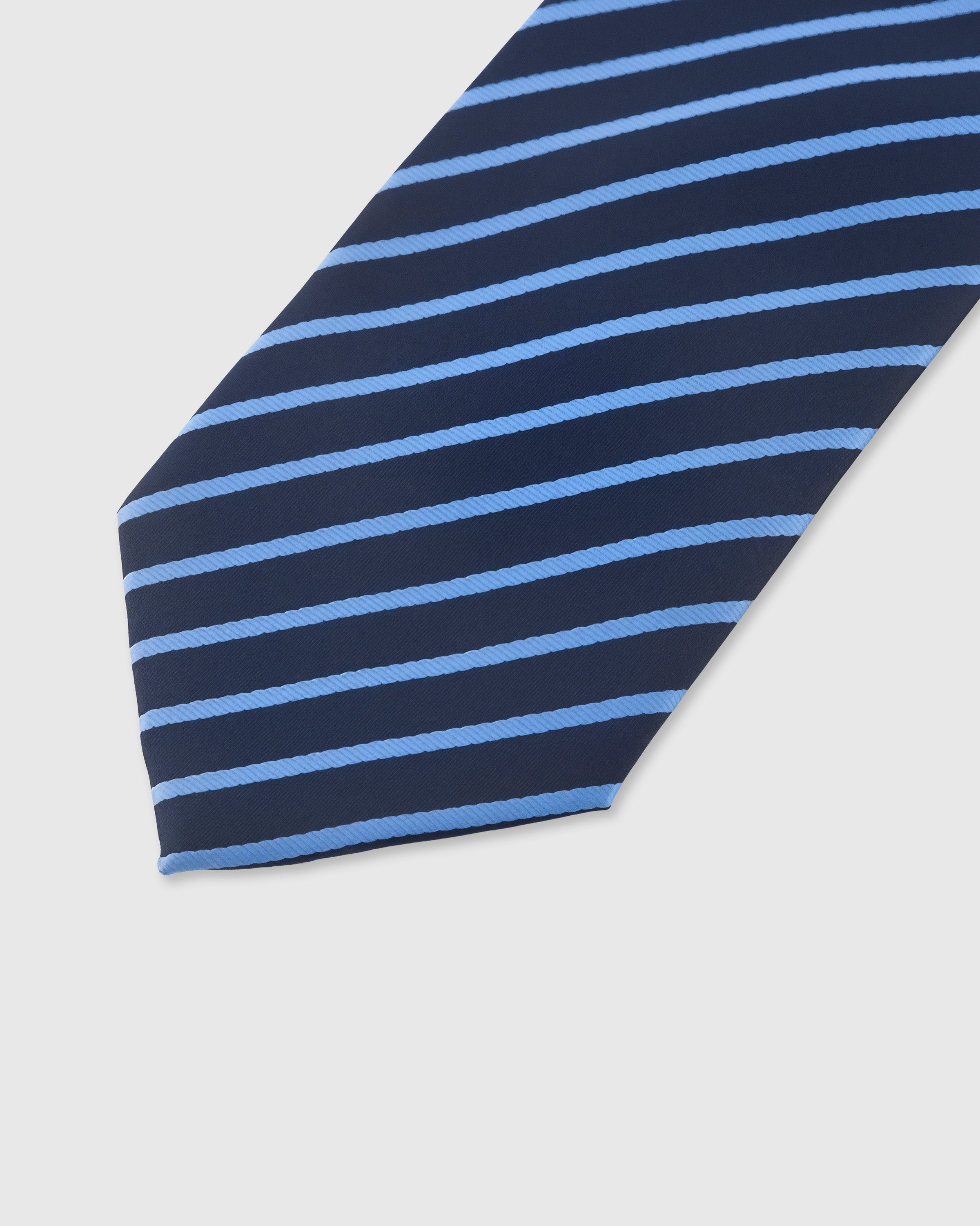 Sky-blue stripe detail on navy mulberry silk tie showing clean woven diagonal by STICKYZOO