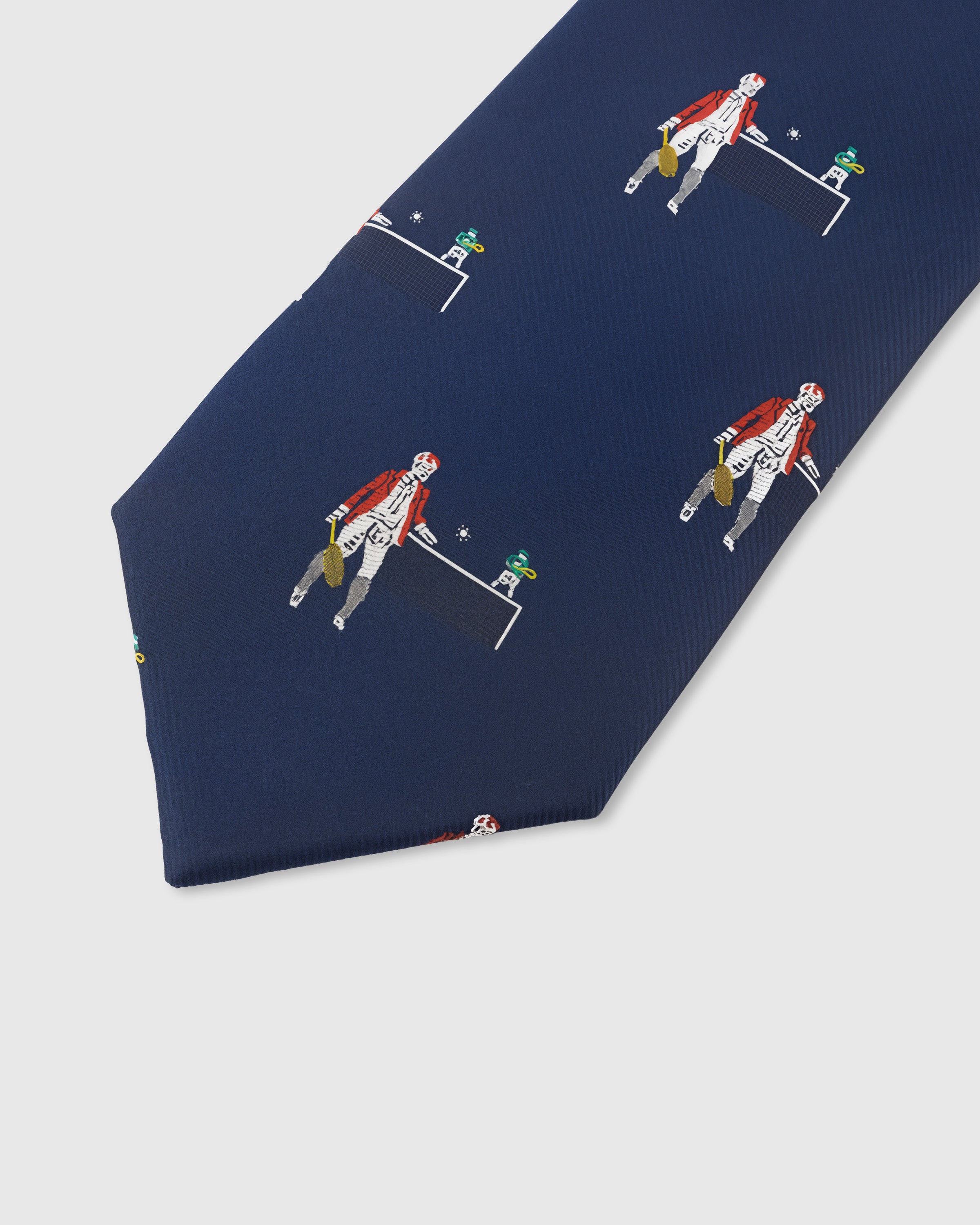 NAVY TENNIS TIE — 45° Italian bias-cut construction with structured interlining, hand-finished slip stitching visible on interior