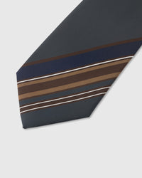 Club stripe detail on midnight mulberry silk tie showing raised hand-embroidered walnut and cream accents by STICKYZOO
