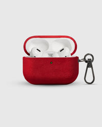 Scarlet Alcantara case open with AirPods Pro inside and suede-lined lid