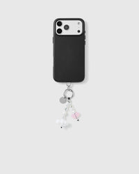 Black phone case with the cloud and pink heart beaded strap dropping from the bottom corner on a silver-tone ring and engraved disc.