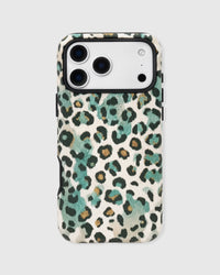 Jade leopard phone case with hand-illustrated green print and a built-in MagSafe grip and stand by STICKYZOO.