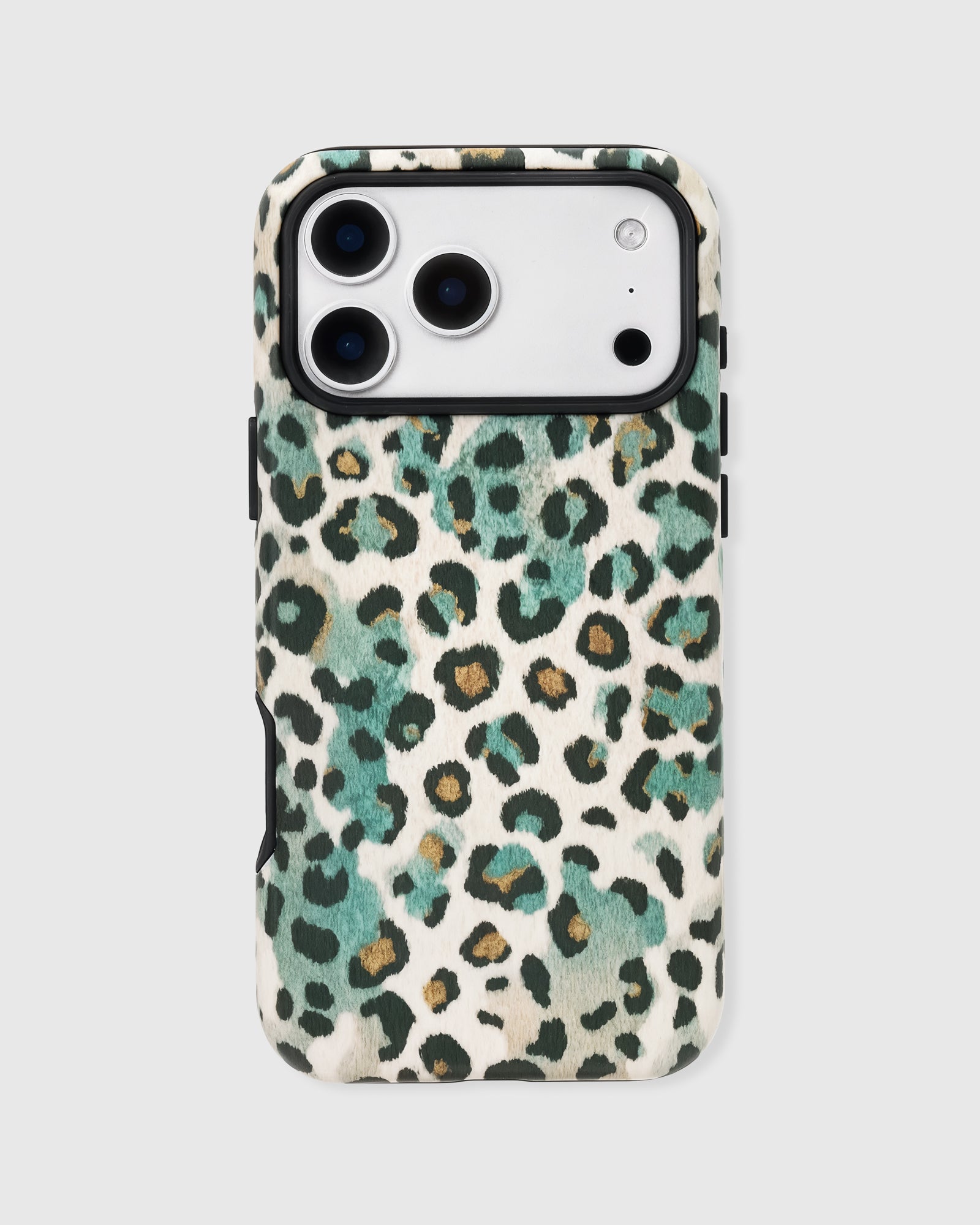 Jade leopard phone case with hand-illustrated green print and a built-in MagSafe grip and stand by STICKYZOO.