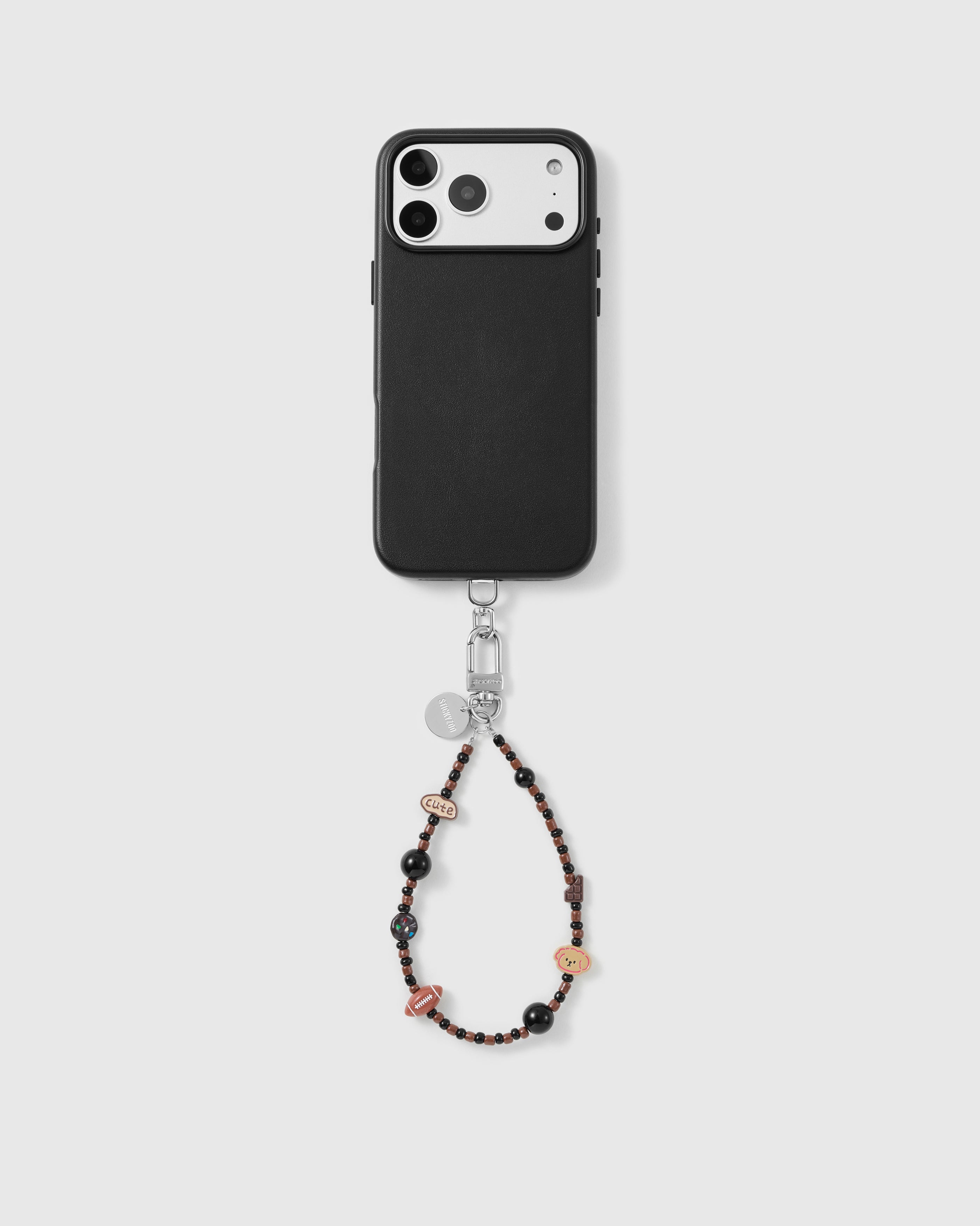 Handmade beaded phone strap on a black case, rated 4.9 across 5,000+ reviews