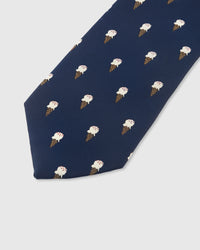 {Embroidered ice cream cone motif detail} Ice cream cone detail on midnight navy mulberry silk tie showing embroidered pattern by STICKYZOO