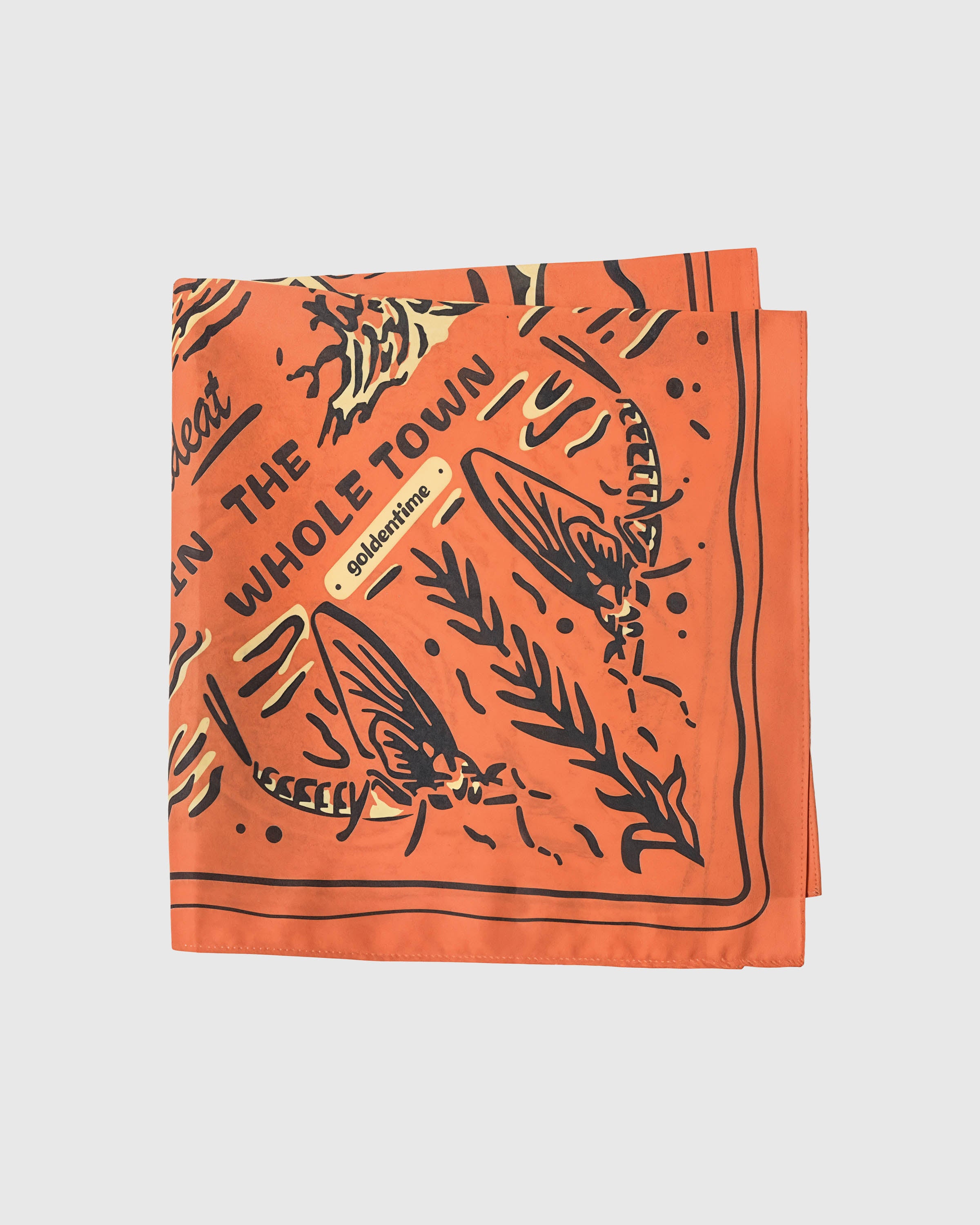 Folded fly-fishing silk scarf showing the mayflies and inked detail of the trout print