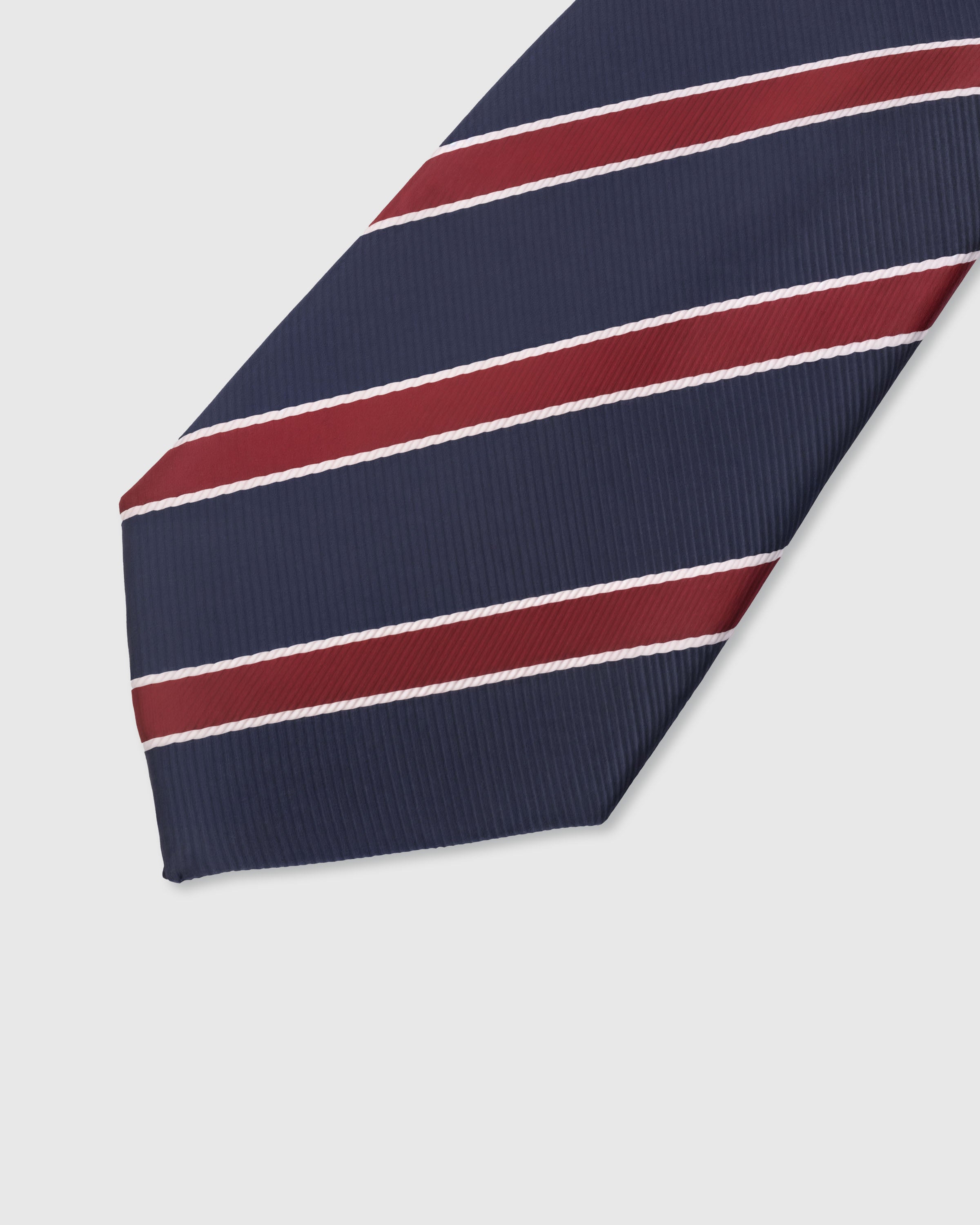 {Embroidered crimson stripe detail} Bold stripe detail on midnight navy mulberry silk tie showing embroidered pattern by STICKYZOO