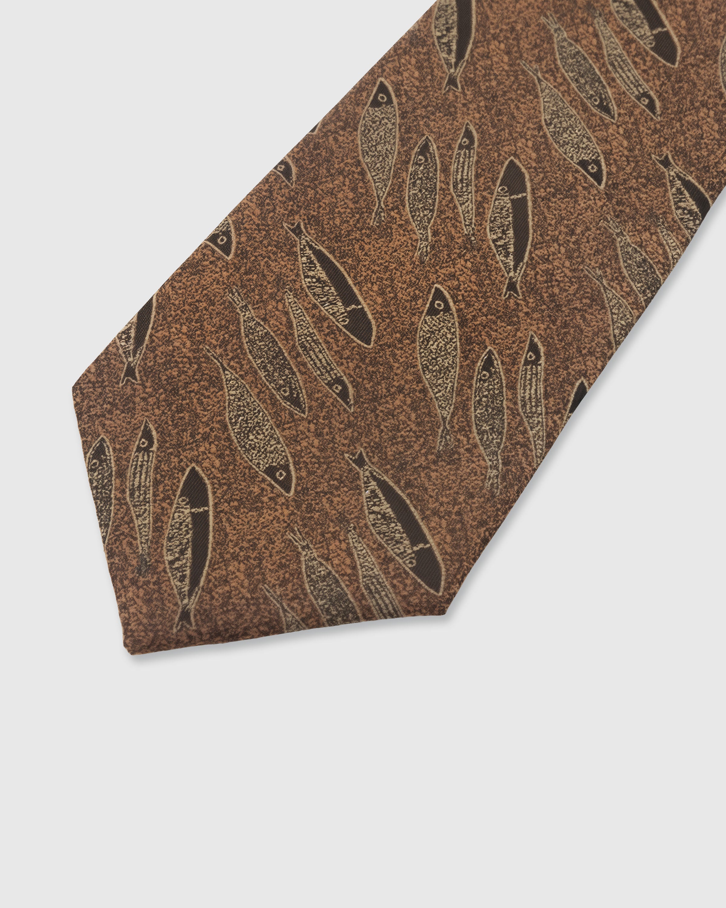 STICKYZOO Copper Sardine Tie — detail of hand-embroidered sardine motif on pure mulberry silk