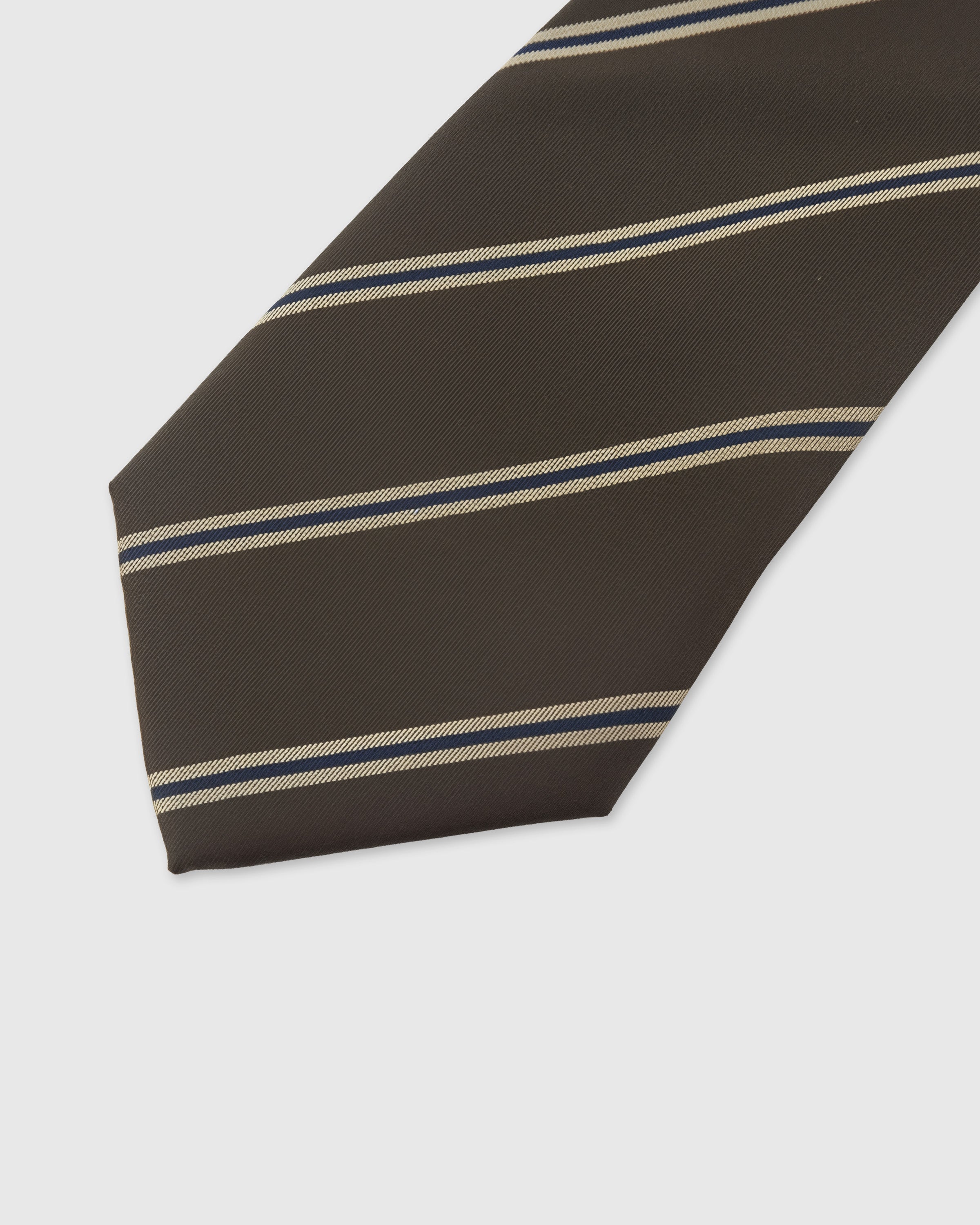 {{Woven stripe, not print}} Triple stripe detail on espresso mulberry silk tie showing navy and gold woven lines by STICKYZOO