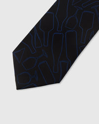 STICKYZOO MIDNIGHT BLUEPRINT TIE — hand-embroidered detail showing blue geometric line-art silhouettes, stitched not printed