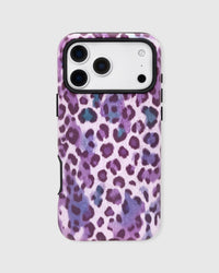 Back of the violet leopard phone case showing the full painterly print on a matte UV-printed ABS shell