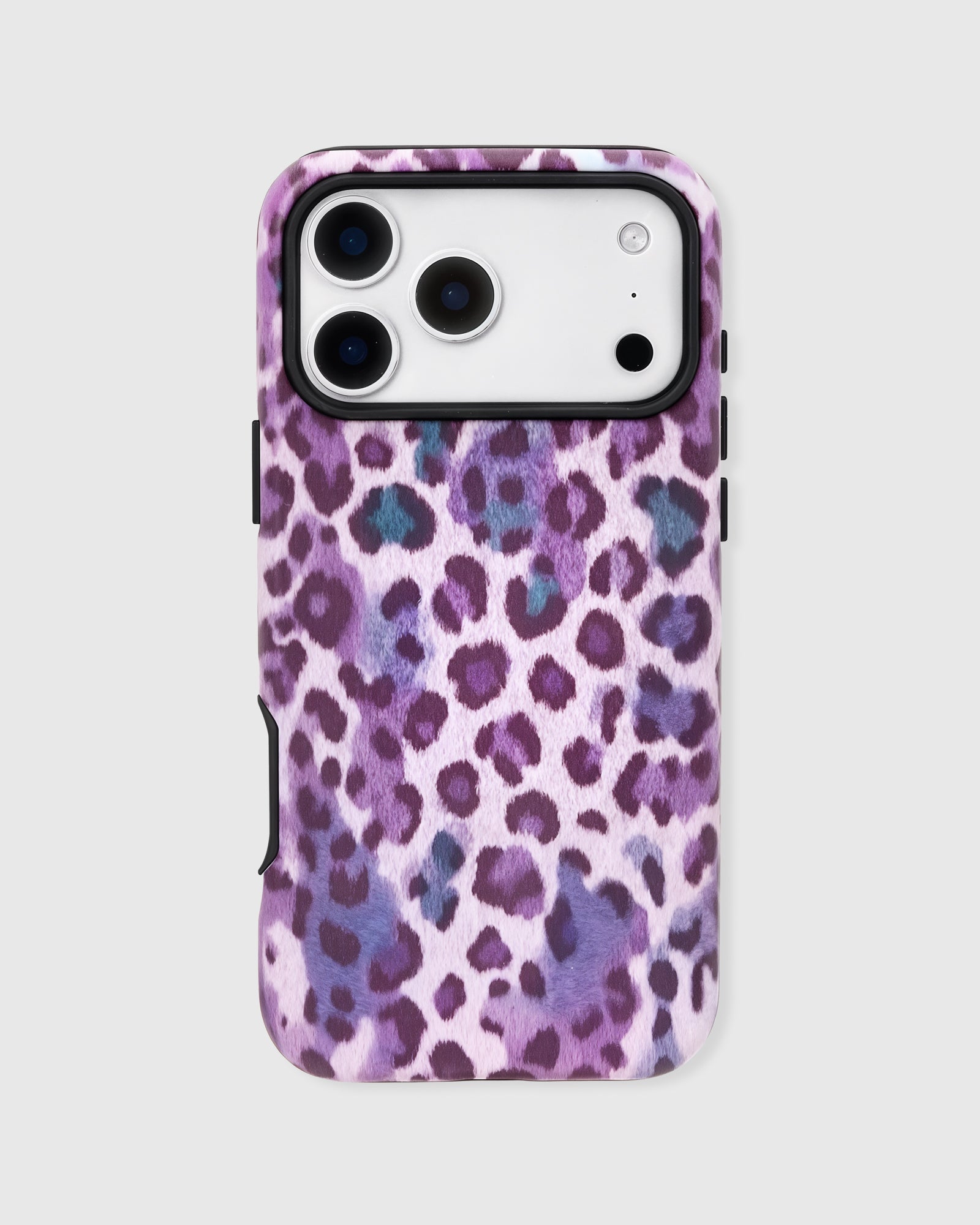 Back of the violet leopard phone case showing the full painterly print on a matte UV-printed ABS shell