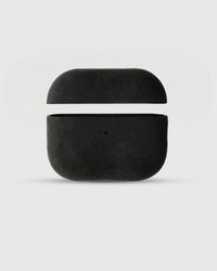 Black Alcantara case open with AirPods Pro seated inside