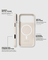 Raised metal camera frame, metal side buttons, protected Camera Control and strong MagSafe on the white STICKYZOO leather case