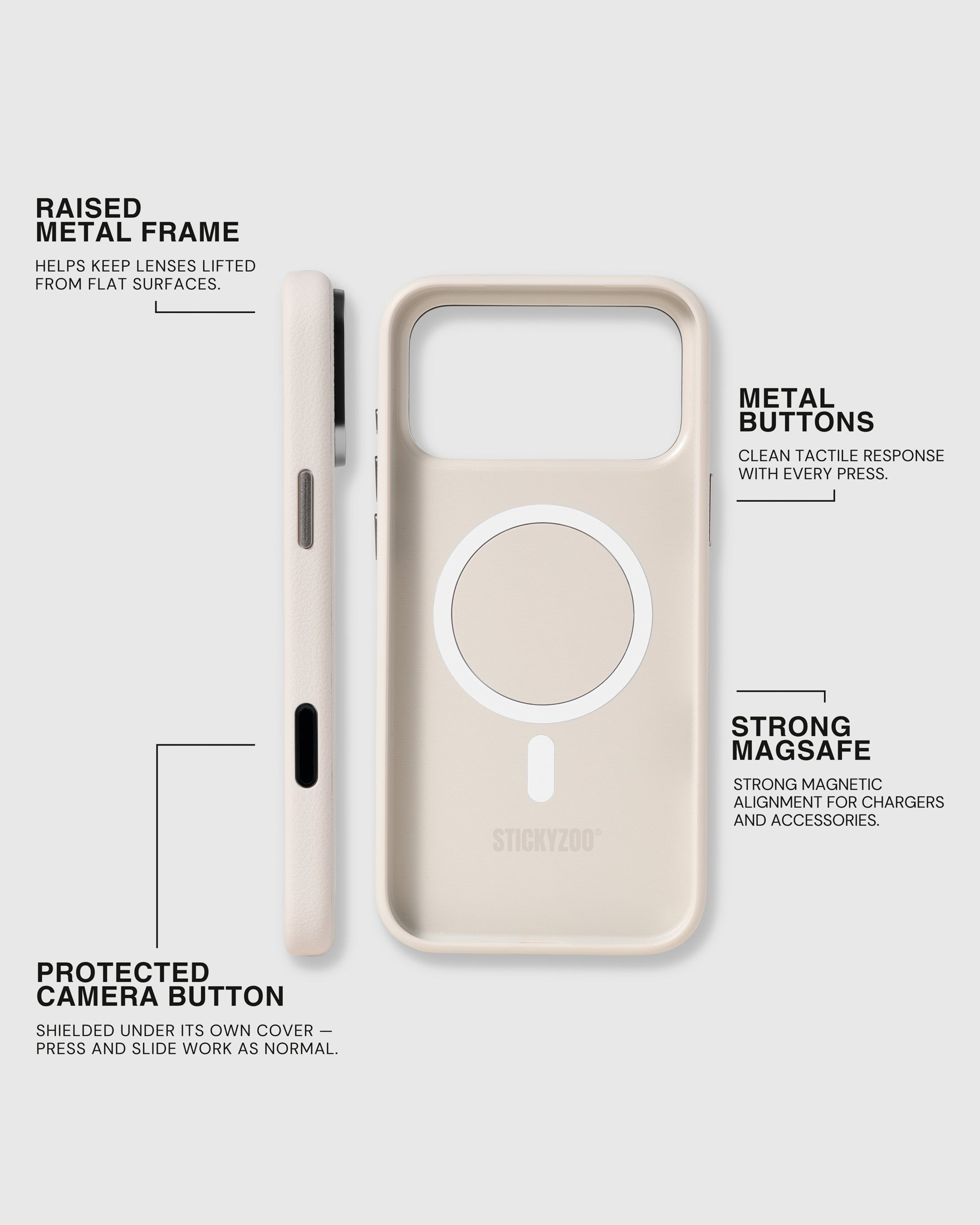 Raised metal camera frame, metal side buttons, protected Camera Control and strong MagSafe on the white STICKYZOO leather case