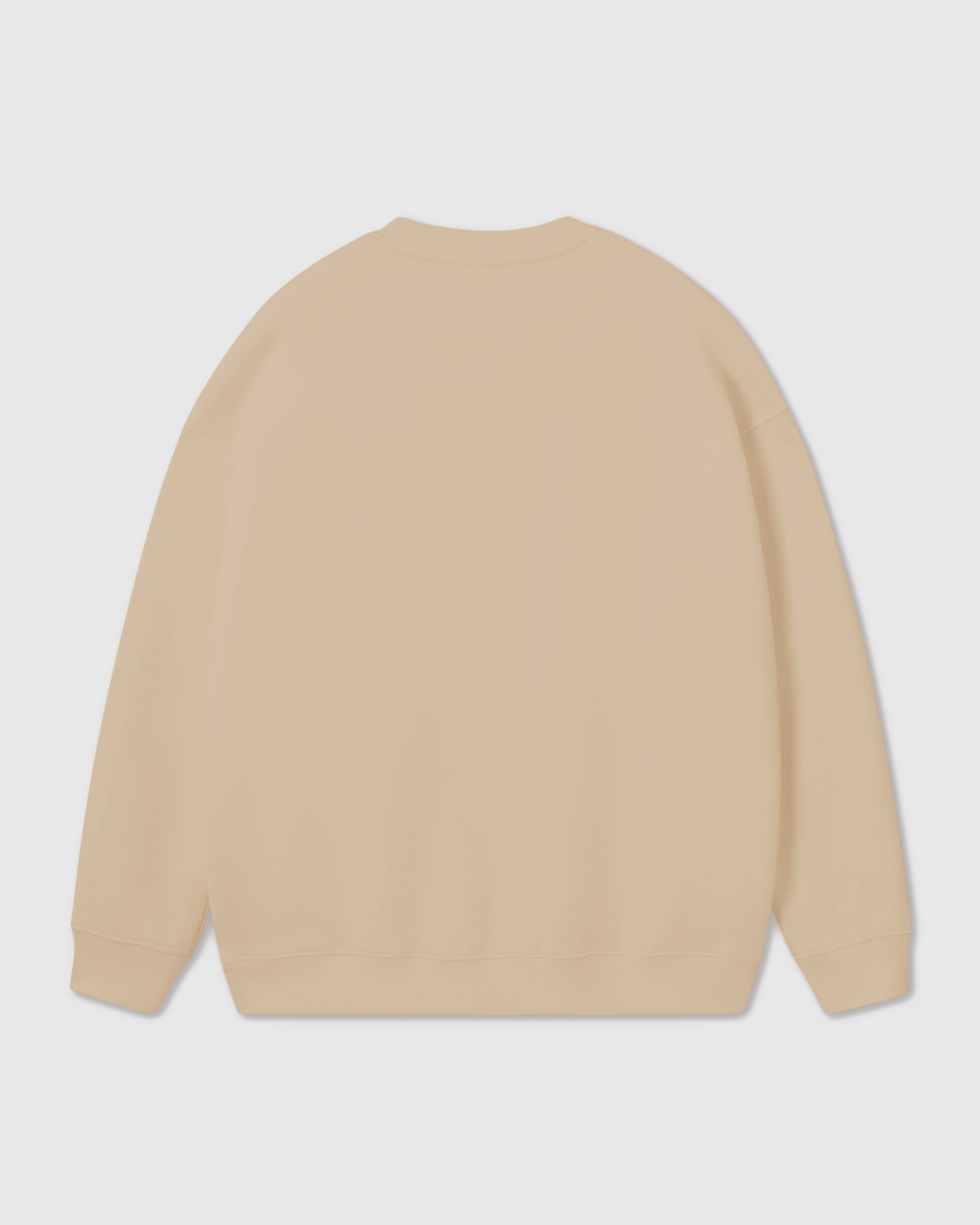 Model wearing Poodle Parade Sweatshirt in beige showing relaxed silhouette and dropped shoulders