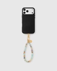 Full phone with aqua agate orbit strap attached on light grey background
