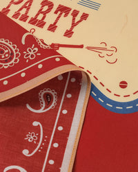 Detail of the printed rodeo placard with boots and bunting on the STICKYZOO rodeo paisley silk scarf