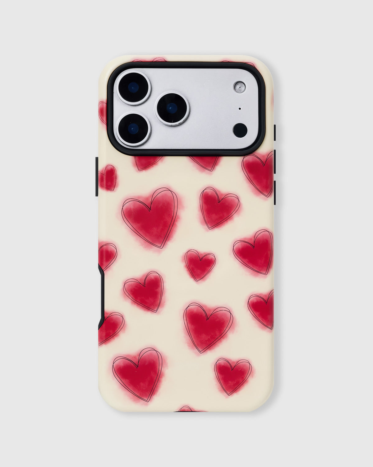 Back of the jam heart phone case showing watercolor red hearts scattered across matte cream UV-printed ABS