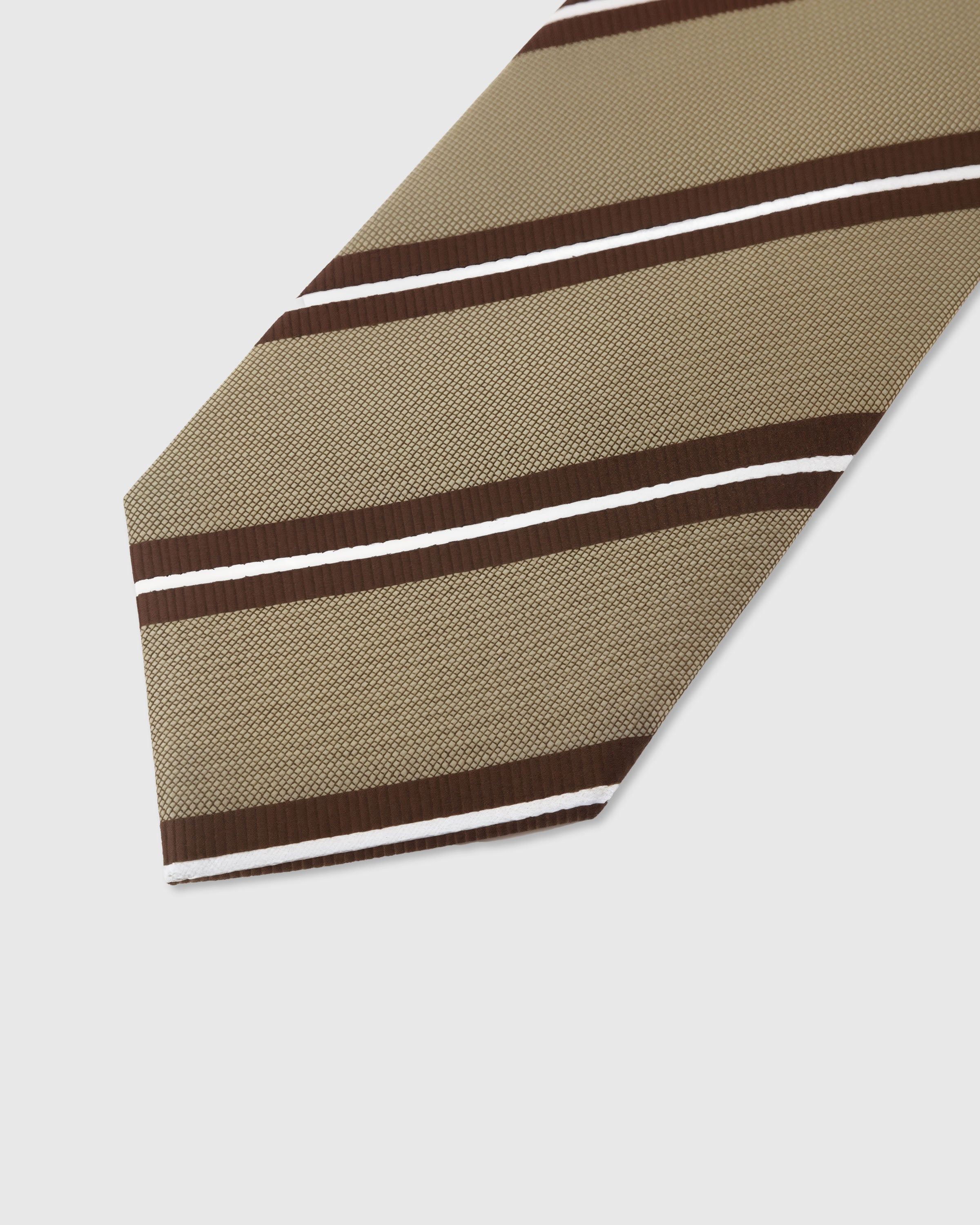Collegiate stripe detail on khaki mulberry silk tie showing raised hand-embroidered thread by STICKYZOO