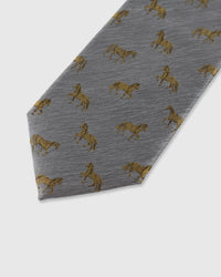 STICKYZOO Silver Stallion Tie — detail of hand-embroidered horse motif on pure mulberry silk