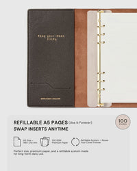 STICKYZOO dark brown genuine goatskin notebook open showing refillable A5 ring system, 100 GSM premium paper, swap inserts anytime