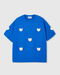STICKYZOO Teddy Check-Ear Charm T-Shirt in royal blue with seven hand-stitched plush bear faces